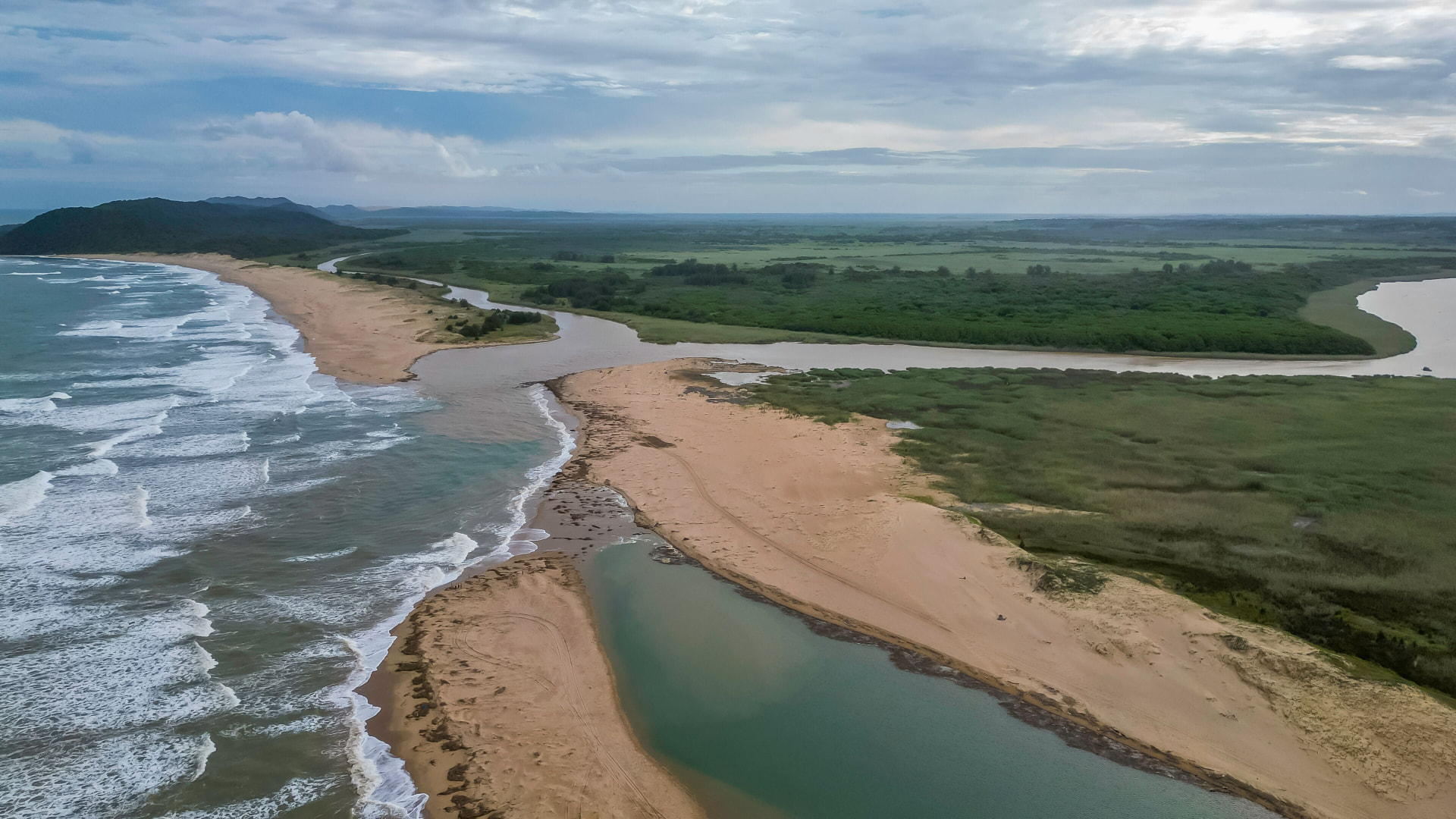 Aerial view of the wild Zululand coastline and estuary